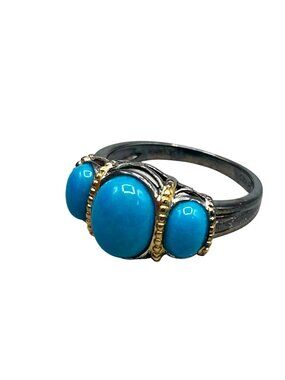 Vintage Turquoise Ring Size 8 Oxidized  Sterling Silver 925 With Gold Vermeil
